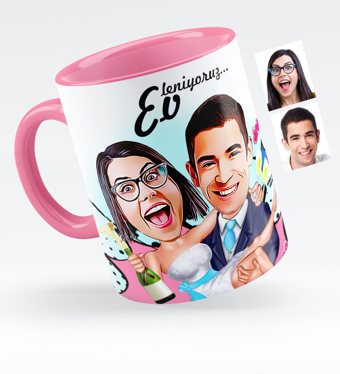 Kişiye Özel Evleniyoruz Karikatürlü Pembe Kupa Bardak - 4