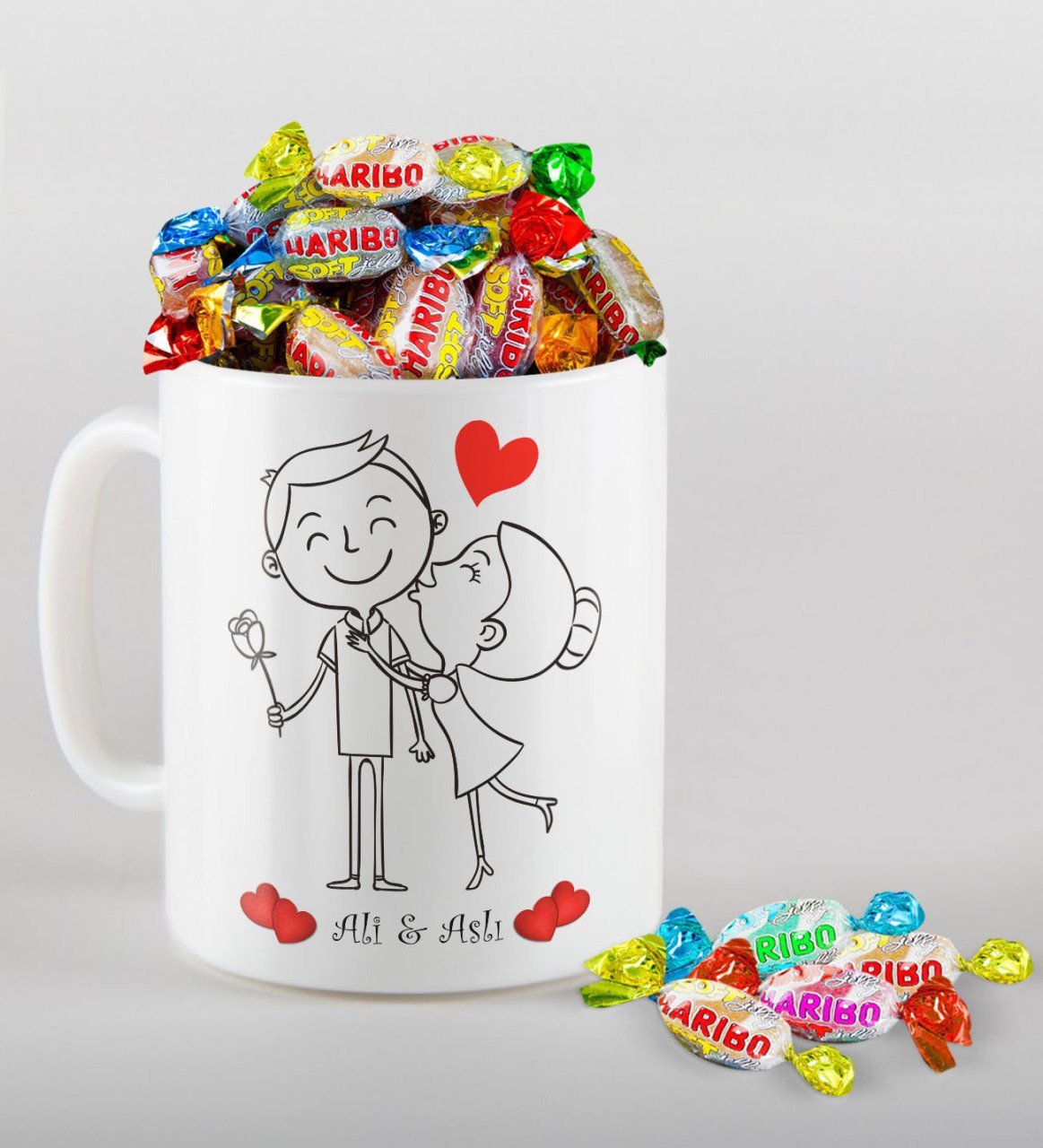 Kişiye Özel Sevgililer Günü Beyaz Kupa ve Haribo Şeker Hediye Seti-109