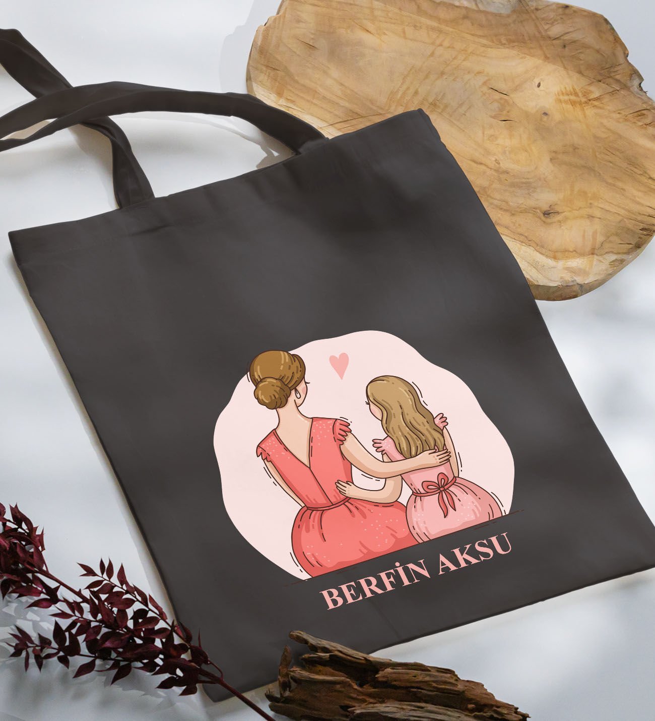 BK Gift Kişiye Özel İsimli Anneler Günü Tasarımlı Antrasit Kumaş Bez Çanta, Baskılı Omuz Çantası, Alışveriş Çantası, Anneler Günü Hediyesi, Anneye Hediye-5