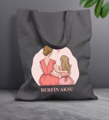 BK Gift Kişiye Özel İsimli Anneler Günü Tasarımlı Antrasit Kumaş Bez Çanta, Baskılı Omuz Çantası, Alışveriş Çantası, Anneler Günü Hediyesi, Anneye Hediye-5