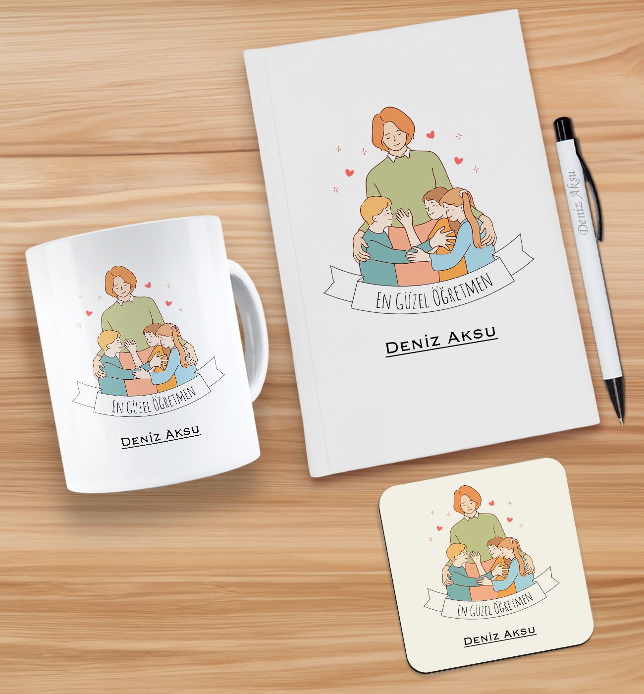 BK Gift Kişiye Özel İsimli Öğretmenler Günü Tasarımlı Beyaz Defter, Tükenmez Kalem, Kupa ve Bardak Altlığı Hediye Seti- 9, Öğretmene Hediye, Öğretmenler Günü