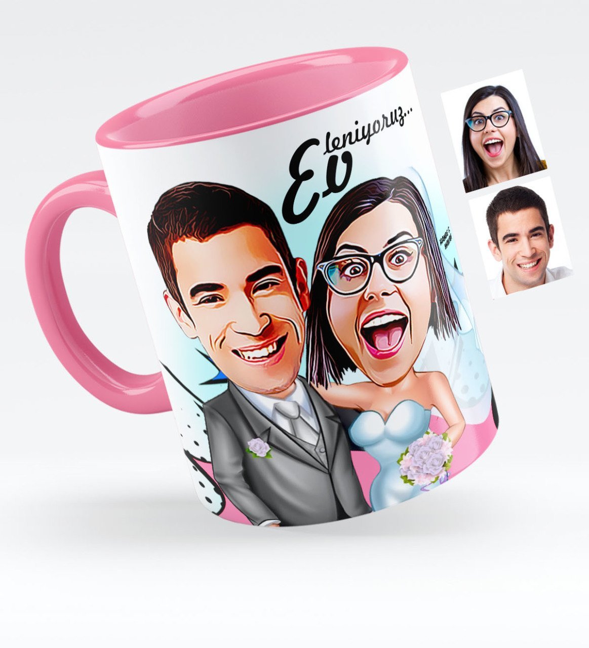 Kişiye Özel Evleniyoruz Karikatürlü Pembe Kupa Bardak - 5