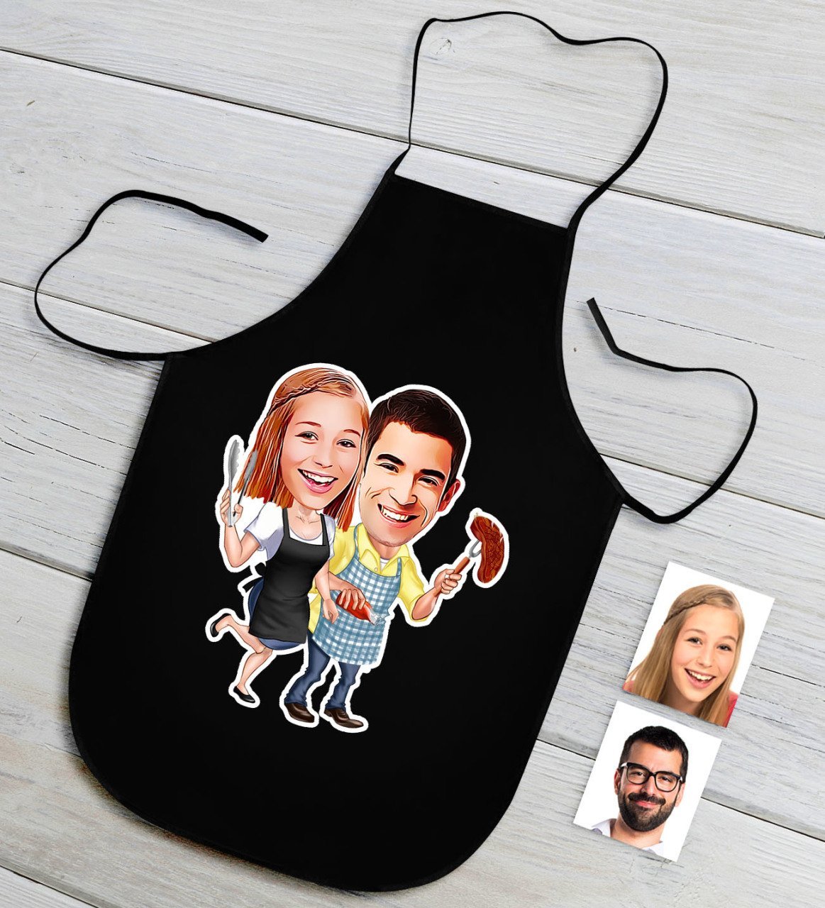 Kişiye Özel Aşçı Çift Karikatürlü Siyah Mutfak Önlüğü-2
