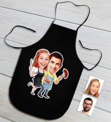 Kişiye Özel Aşçı Çift Karikatürlü Siyah Mutfak Önlüğü-2