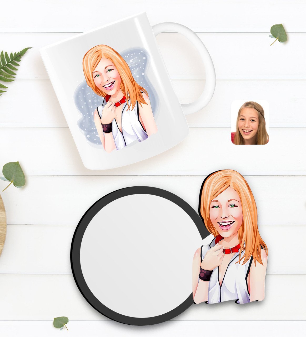 Kişiye Özel Kadın Karikatürlü Beyaz Kupa ve Ahşap Bardak Altlığı Hediye Seti-35