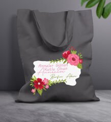 BK Gift Kişiye Özel İsimli Anneler Günü Tasarımlı Antrasit Kumaş Bez Çanta, Baskılı Omuz Çantası, Alışveriş Çantası, Anneler Günü Hediyesi, Anneye Hediye-6