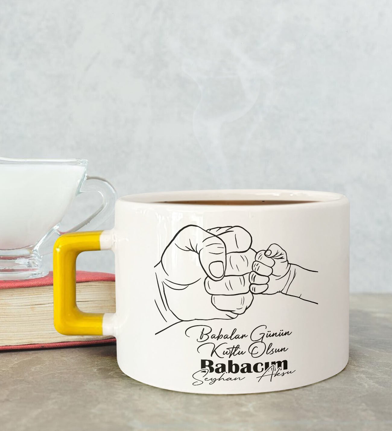 BK Gift Kişiye Özel Babalar Günü Tasarımlı Sarı Kulplu Çay & Kahve Fincanı-8, Babaya Hediye, Babalar Günü Hediyesi