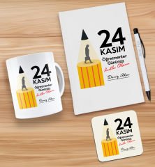 BK Gift Kişiye Özel İsimli Öğretmenler Günü Tasarımlı Beyaz Defter, Tükenmez Kalem, Kupa ve Bardak Altlığı Hediye Seti- 10, Öğretmene Hediye, Öğretmenler Günü