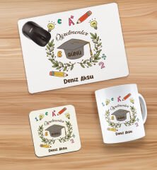BK Gift Kişiye Özel İsimli Öğretmenler Günü Tasarımlı Kupa, Bardak Altlığı ve Mousepad Hediye Seti - 16, Öğretmene Hediye, Öğretmenler Günü