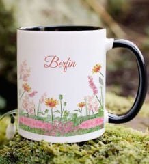 BK Gift Kişiye Özel İsimli Çiçek Tasarımlı Siyah Kupa Bardak- 14, Arkadaşa Hediye, Sevgiliye Hediye, Doğum Günü Hediyesi
