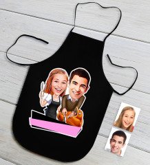 Kişiye Özel Aşçı Çift Karikatürlü Siyah Mutfak Önlüğü-3