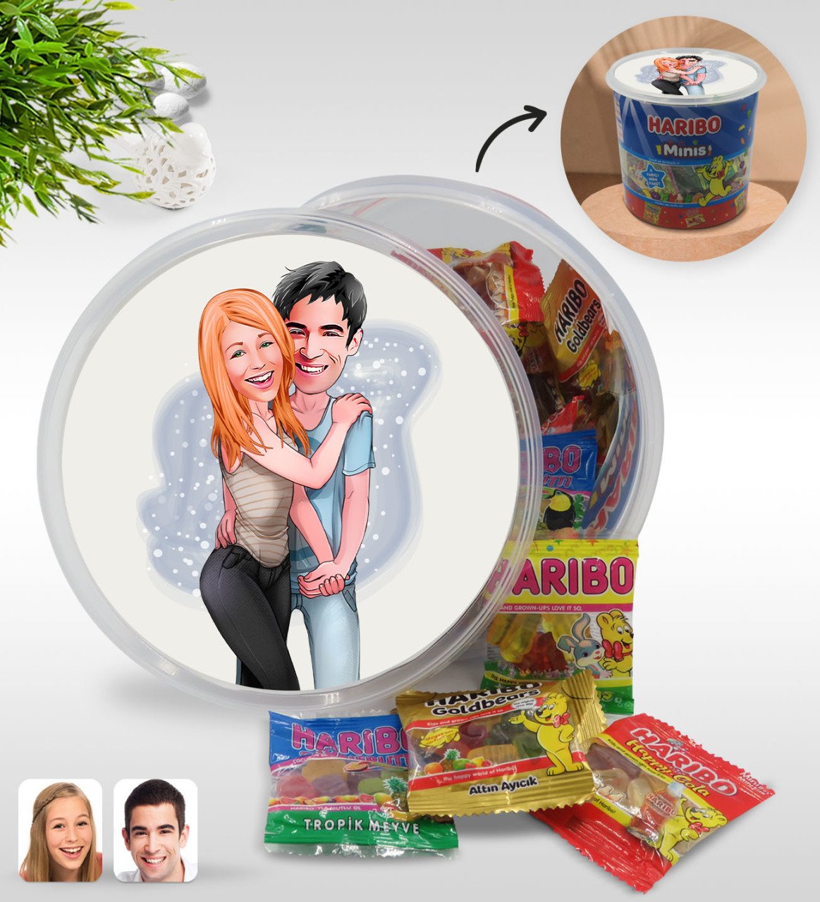 Kişiye Özel Sevgililer Karikatürlü Dev Boy Haribo Minis Kovası (10gx100adet) Model 85