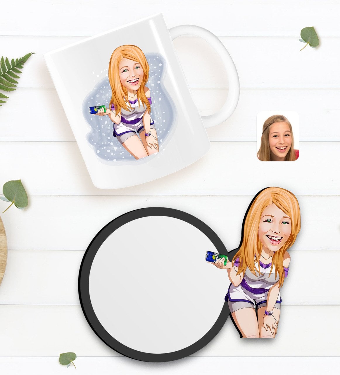 Kişiye Özel Kadın Karikatürlü Beyaz Kupa ve Ahşap Bardak Altlığı Hediye Seti-36