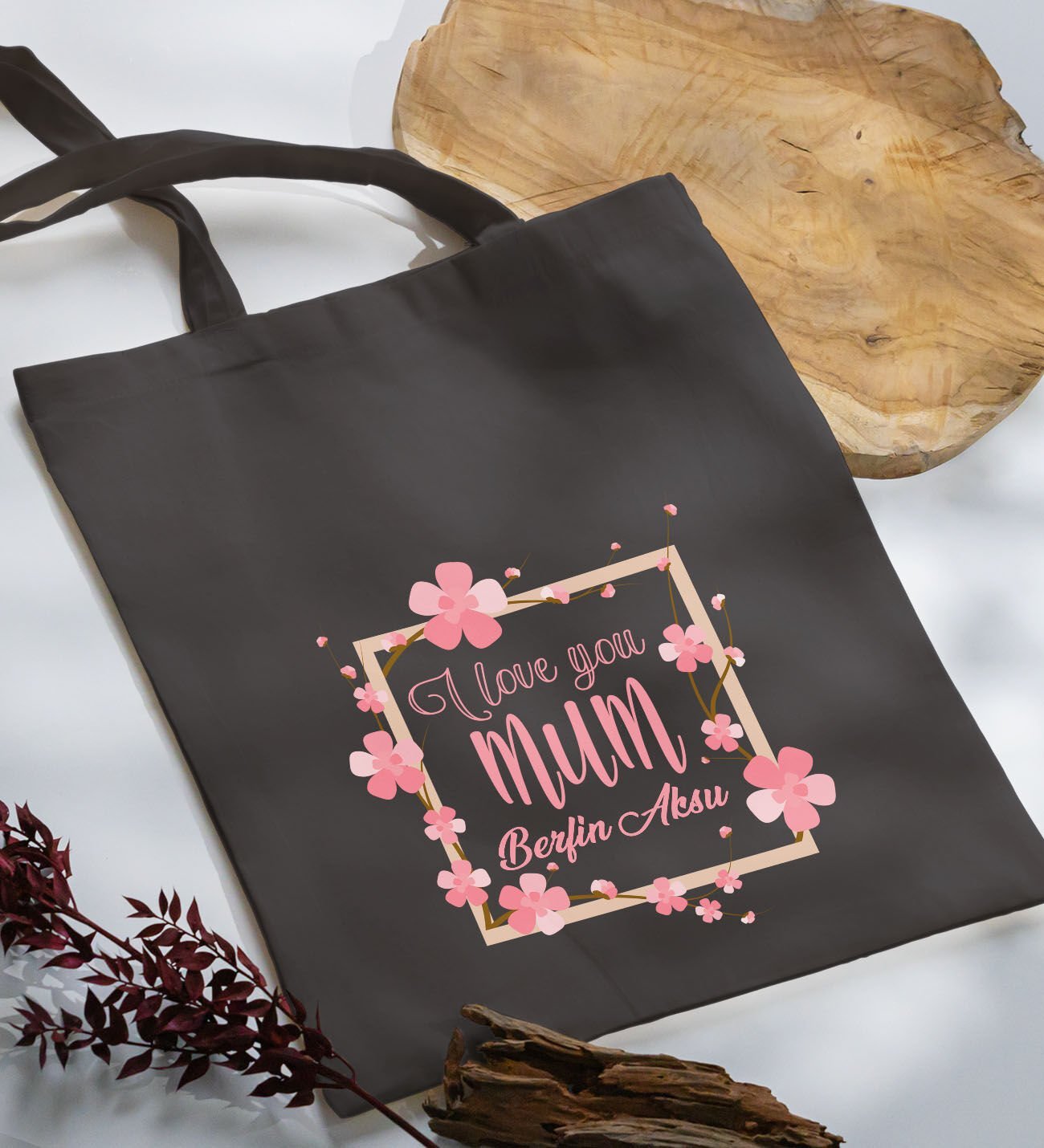 BK Gift Kişiye Özel İsimli Anneler Günü Tasarımlı Antrasit Kumaş Bez Çanta, Baskılı Omuz Çantası, Alışveriş Çantası, Anneler Günü Hediyesi, Anneye Hediye-7
