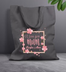 BK Gift Kişiye Özel İsimli Anneler Günü Tasarımlı Antrasit Kumaş Bez Çanta, Baskılı Omuz Çantası, Alışveriş Çantası, Anneler Günü Hediyesi, Anneye Hediye-7