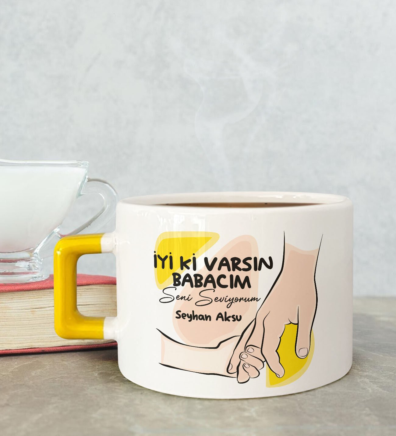 BK Gift Kişiye Özel Babalar Günü Tasarımlı Sarı Kulplu Çay & Kahve Fincanı-9, Babaya Hediye, Babalar Günü Hediyesi