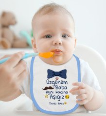 BK Kids Kişiye Özel Aynı Kadına Aşığız Tasarımlı Mavi Bebek Body Zıbın ve Mama Önlüğü Hediye Seti