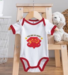 BK Kids You Are My Hero Dad Tasarımlı Kırmızı Bebek Body Zıbın ve Mama Önlüğü Hediye Seti-1