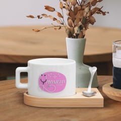 BK Gift Kişiye Özel İsimli Doktor Tasarımlı-7, Ahşap Altlıklı Seramik Fincan, Meslek Hediyesi, Yeni İş Hediyesi