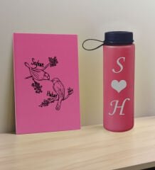 BK Gift Sevgiliye Özel İsimli Pembe Defter ve Fuşya Cam Matara Hediye Seti-11, Sevgiliye Hediye, Sevgililer Günü, Yeni İş Hediyesi