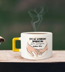 BK Gift Kişiye Özel Babalar Günü Tasarımlı Sarı Kulplu Çay & Kahve Fincanı-10, Babaya Hediye, Babalar Günü Hediyesi
