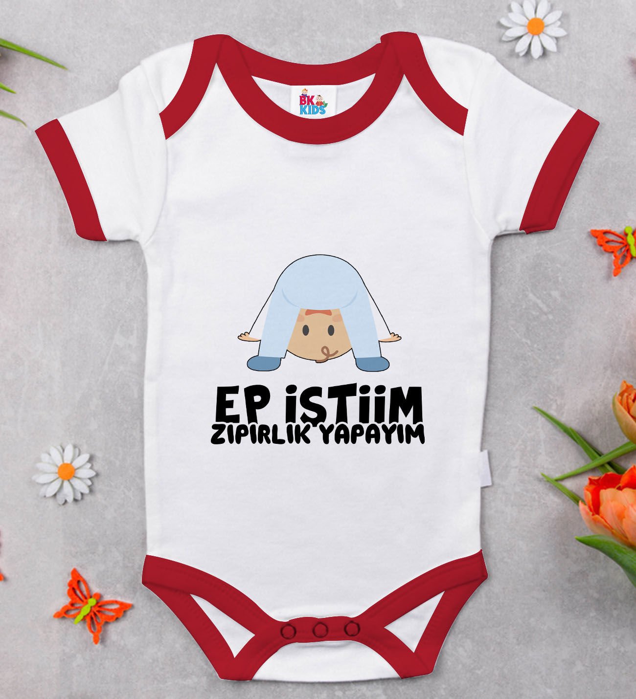 BK Kids Ep İstiim Zıpırlık Tasarımlı Kırmızı Bebek Body Zıbın-1