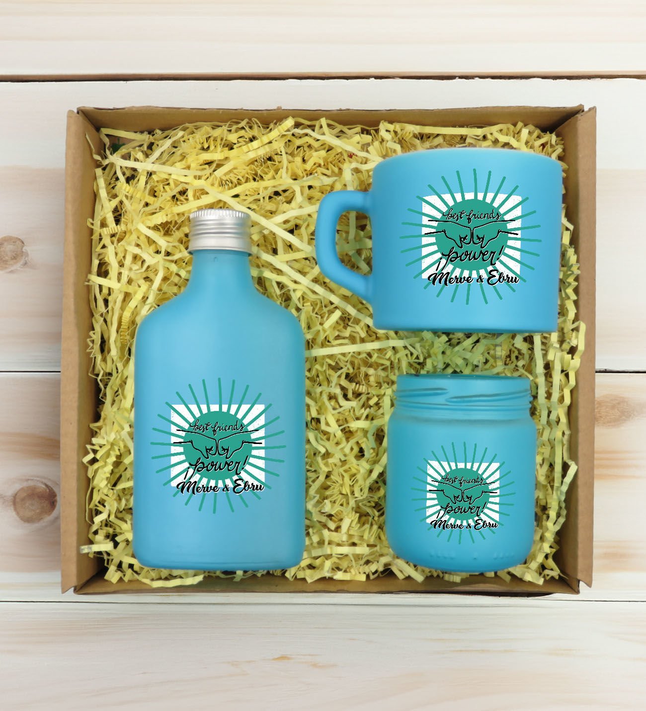 BK Gift Kişiye Özel İsimli DTF Best Friend Temalı Turkuaz Kahve Fincanı & Kolonya & Mum Hediye Seti-1, Arkadaşa Hediye, Doğum Günü Hediyesi