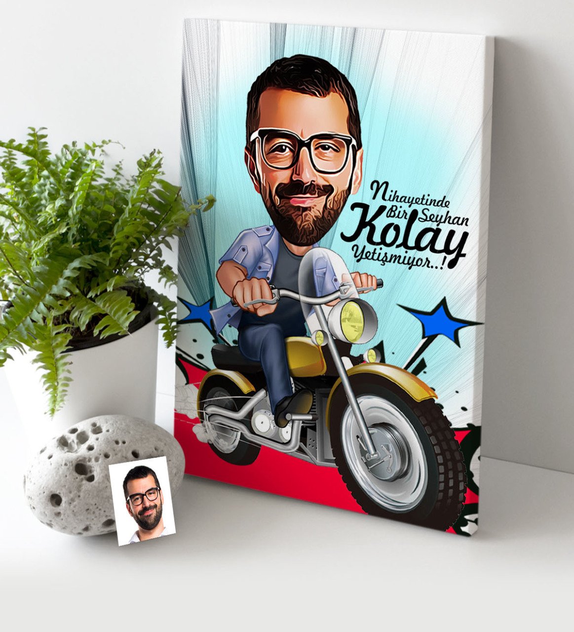 Kişiye Özel Bay Motorcu Karikatür Kanvas Tablo (30 x 50 cm.) 1