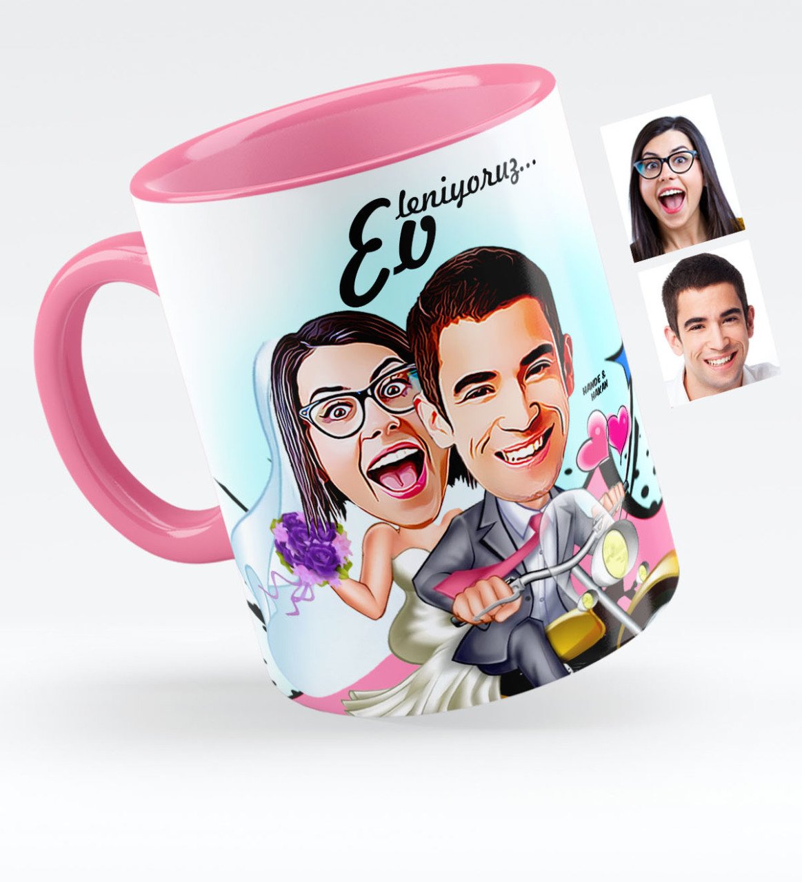Kişiye Özel Evleniyoruz Karikatürlü Pembe Kupa Bardak - 8