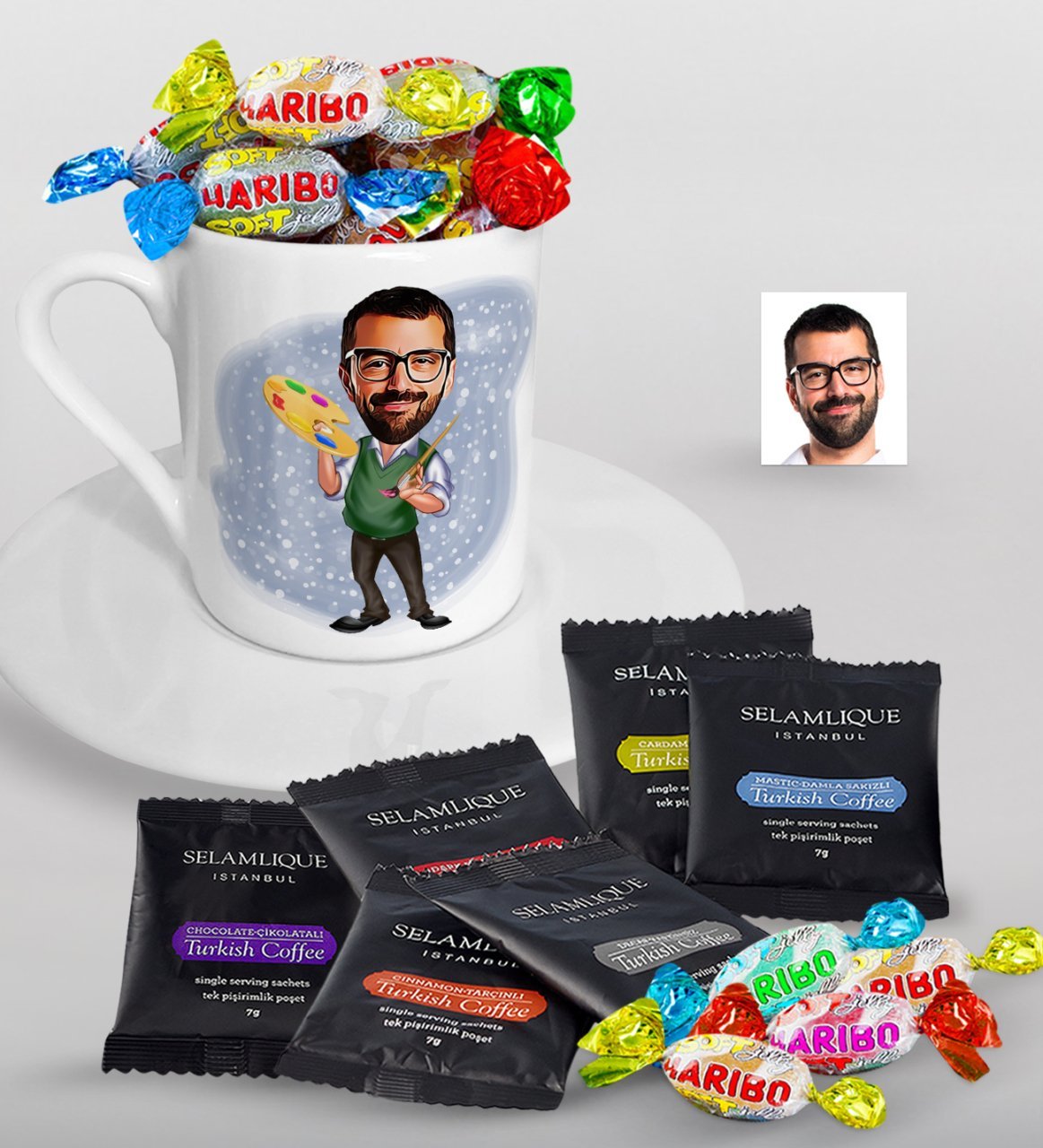 Kişiye Özel Bay Ressam Karikatürlü Türk Kahvesi Fincanı Selamlique Karışık Türk Kahvesi ve Haribo Şeker Hediye Seti-1