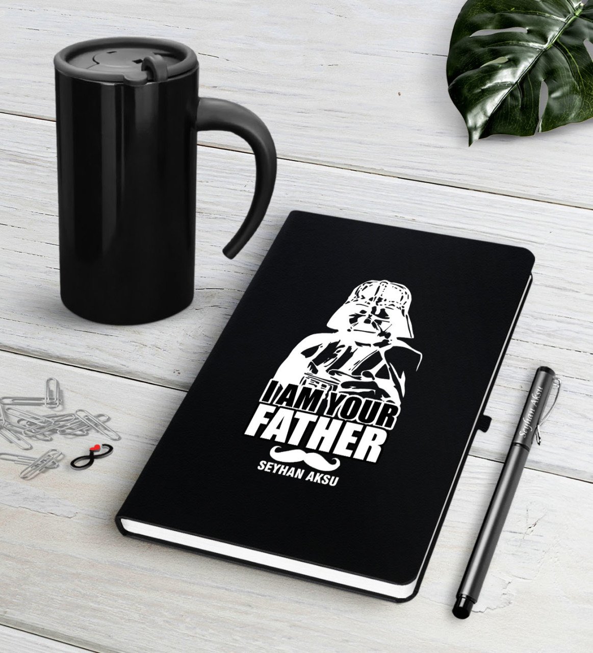 Kişiye Özel Baba Siyah Defter Kalem Termos Mug Seti-2