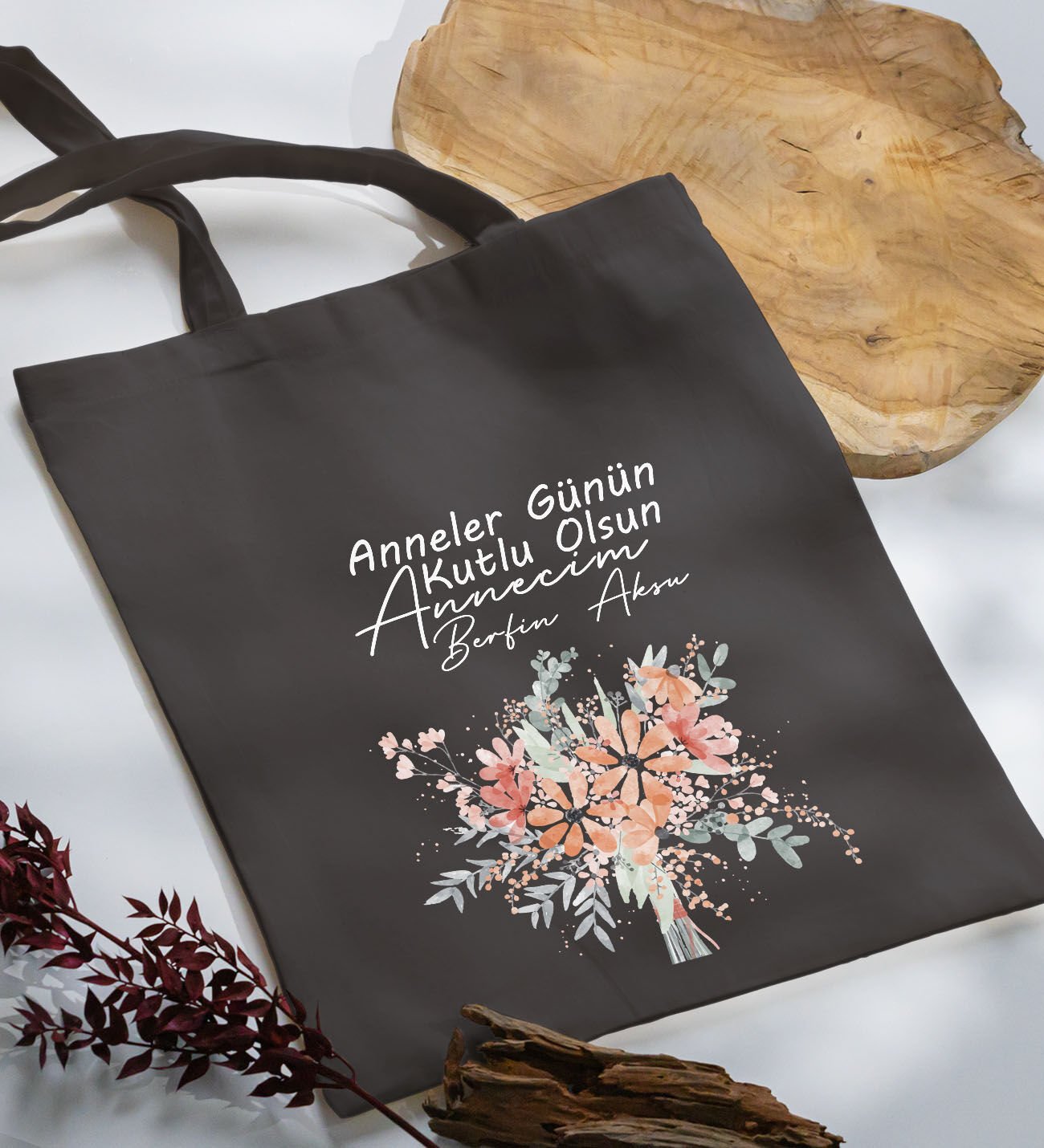 BK Gift Kişiye Özel İsimli Anneler Günü Tasarımlı Antrasit Kumaş Bez Çanta, Baskılı Omuz Çantası, Alışveriş Çantası, Anneler Günü Hediyesi, Anneye Hediye-9