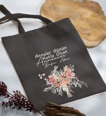 BK Gift Kişiye Özel İsimli Anneler Günü Tasarımlı Antrasit Kumaş Bez Çanta, Baskılı Omuz Çantası, Alışveriş Çantası, Anneler Günü Hediyesi, Anneye Hediye-9