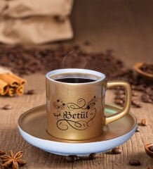 BK Gift Kişiye Özel Kaligrafi Tasarımlı Mat Altın Yaldız Renk Türk Kahvesi Fincanı-1 Renkli Türk Kahvesi Fincanı