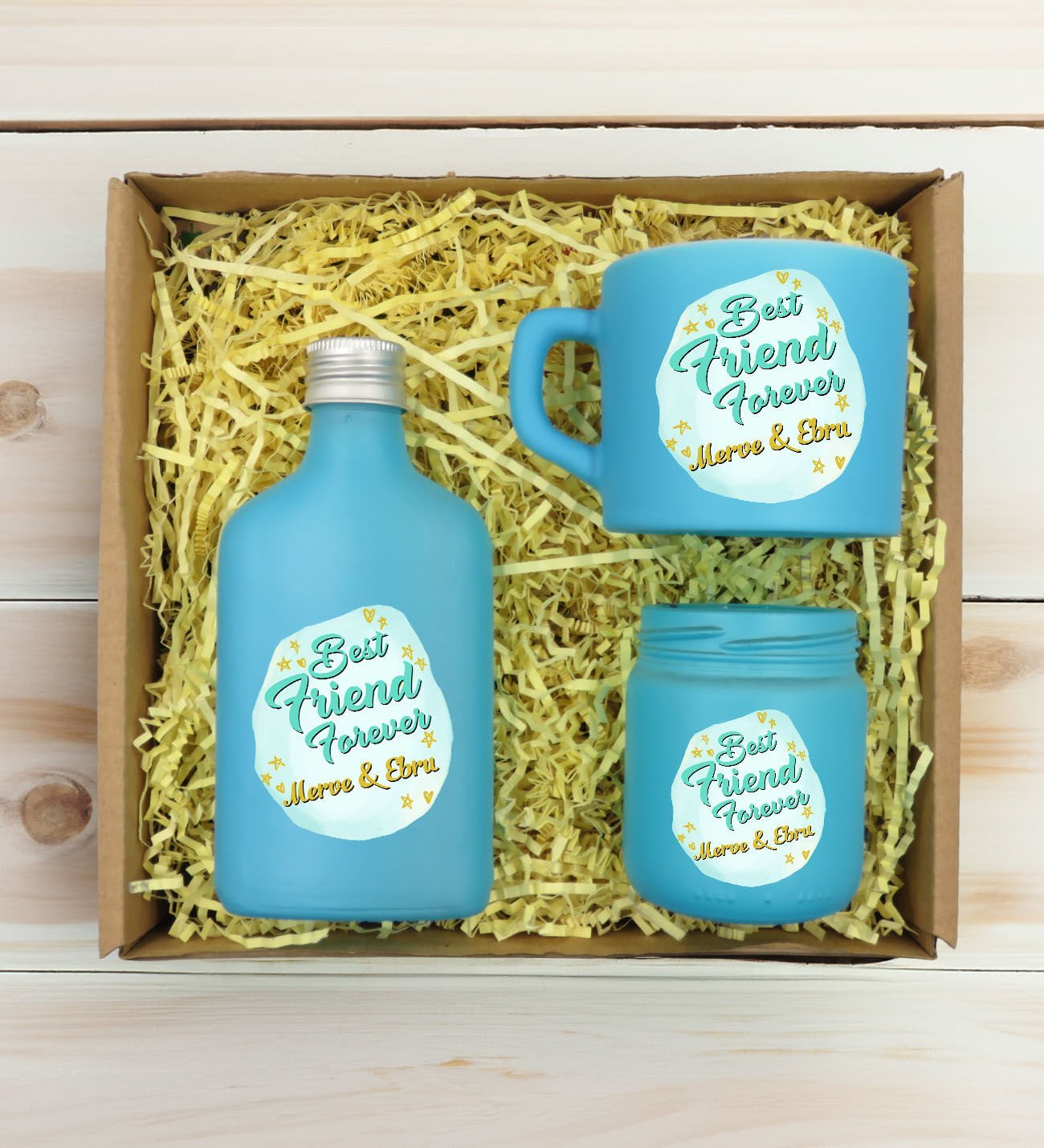 BK Gift Kişiye Özel İsimli DTF Best Friend Temalı Turkuaz Kahve Fincanı & Kolonya & Mum Hediye Seti-2, Arkadaşa Hediye, Doğum Günü Hediyesi