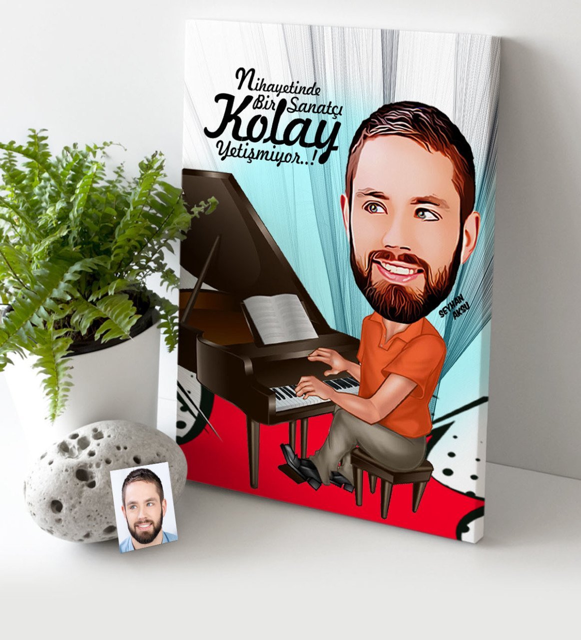 Kişiye Özel Bay Piyanist Karikatür Kanvas Tablo (30 x 50 cm.) 1