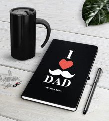 Kişiye Özel Babamı Seviyorum Siyah Defter Kalem Termos Mug Seti