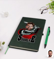 Kişiye Özel Şövalye Karikatürlü Yeşil Termo Deri Defter Kalem Seti Model 1