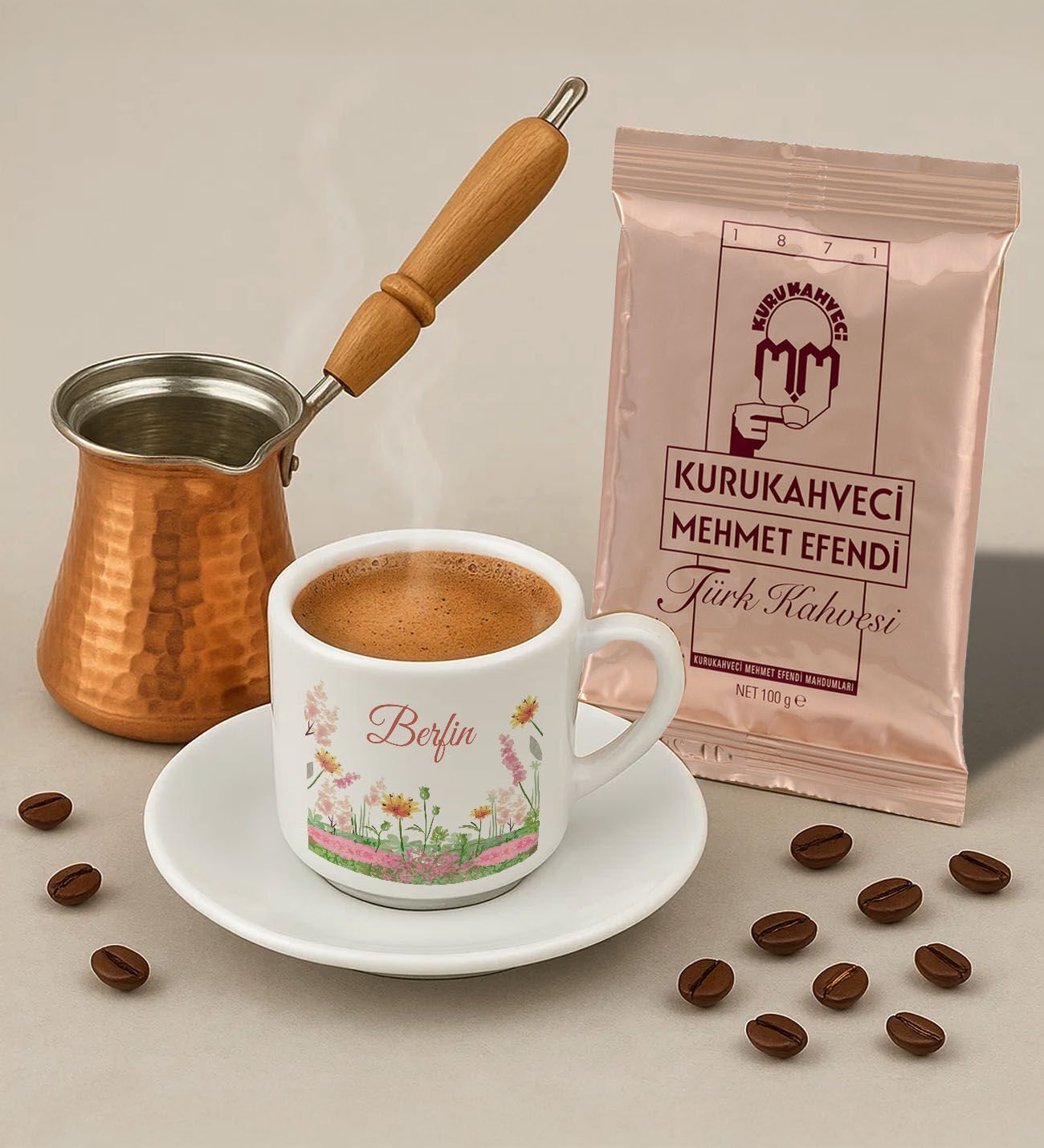 BK Gift Kişiye Özel İsimli Çiçek Tasarımlı Türk Kahvesi Fincanı & Bakır Cezve & Türk Kahvesi Seti-14, Arkadaş Hediye, Sevgiliye Hediye