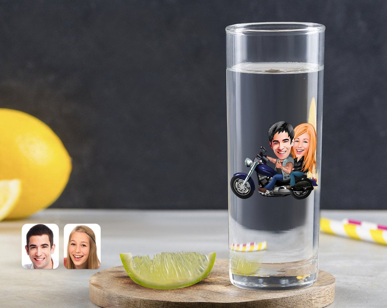 Kişiye Özel Renkli Baskılı Motorcu Sevgililer Karikatürlü Vodka Bardağı-1