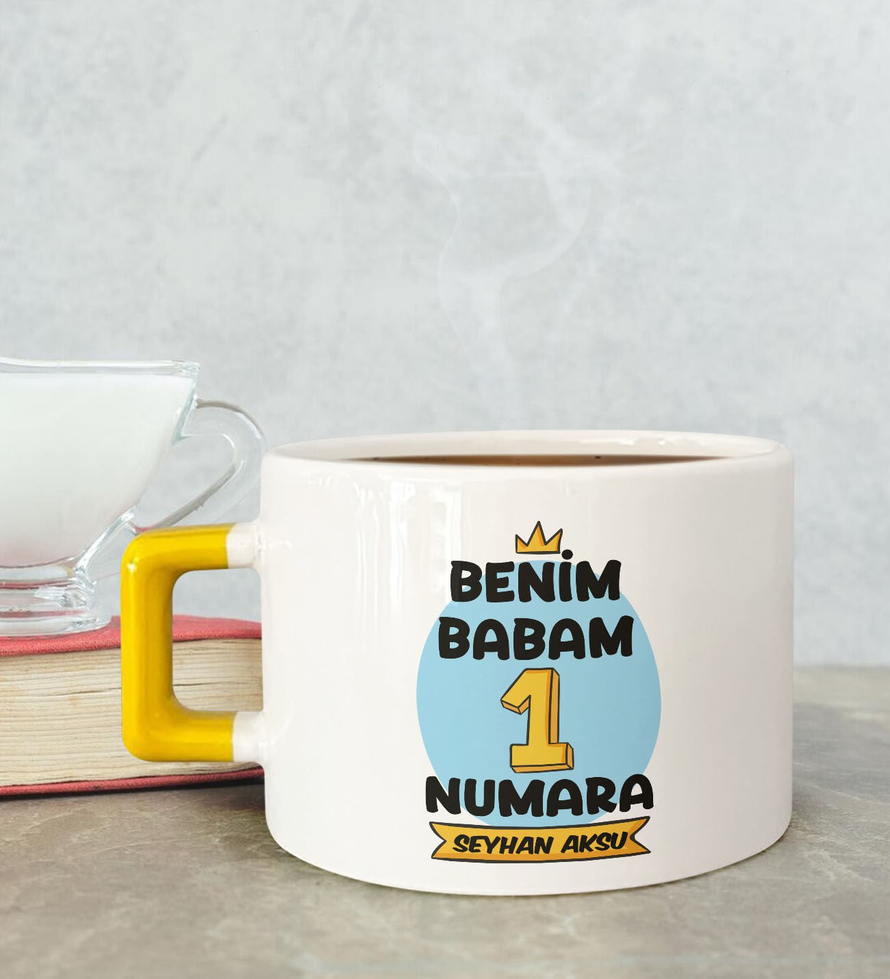BK Gift Kişiye Özel Babalar Günü Tasarımlı Sarı Kulplu Çay & Kahve Fincanı-12, Babaya Hediye, Babalar Günü Hediyesi