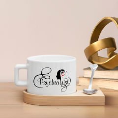 BK Gift Kişiye Özel İsimli Psikiyatrist Tasarımlı-1, Ahşap Altlıklı Seramik Fincan, Meslek Hediyesi, Yeni İş Hediyesi