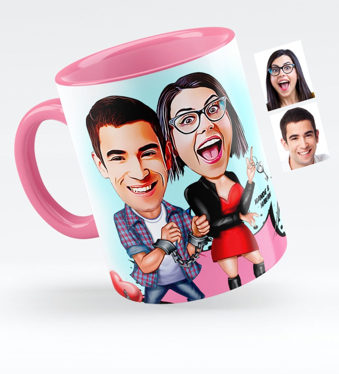 Kişiye Özel Sevgililer Karikatürlü Pembe Kupa Bardak - 1