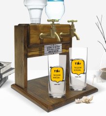 Kişiye Özel Renkli Baskılı Rakı Şişesinde Balık Olsam Tasarımlı İkili Rakı Bardağı ve Çift Musluklu Doğal Ahşap Rakı Standı-2