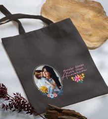 BK Gift Kişiye Özel Fotoğraflı Anneler Günü Tasarımlı Antrasit Kumaş Bez Çanta, Baskılı Omuz Çantası, Alışveriş Çantası, Anneler Günü Hediyesi, Anneye Hediye-1
