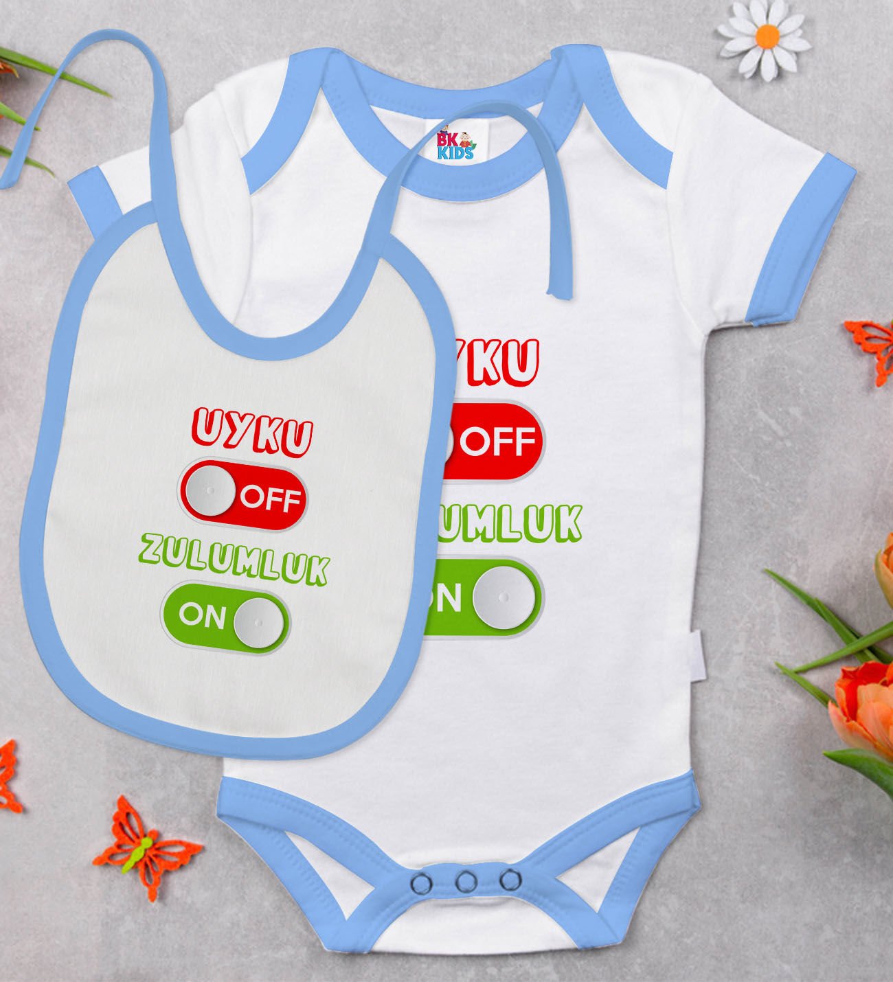 BK Kids Uyku Off Tasarımlı Mavi Bebek Body Zıbın ve Mama Önlüğü Hediye Seti-1