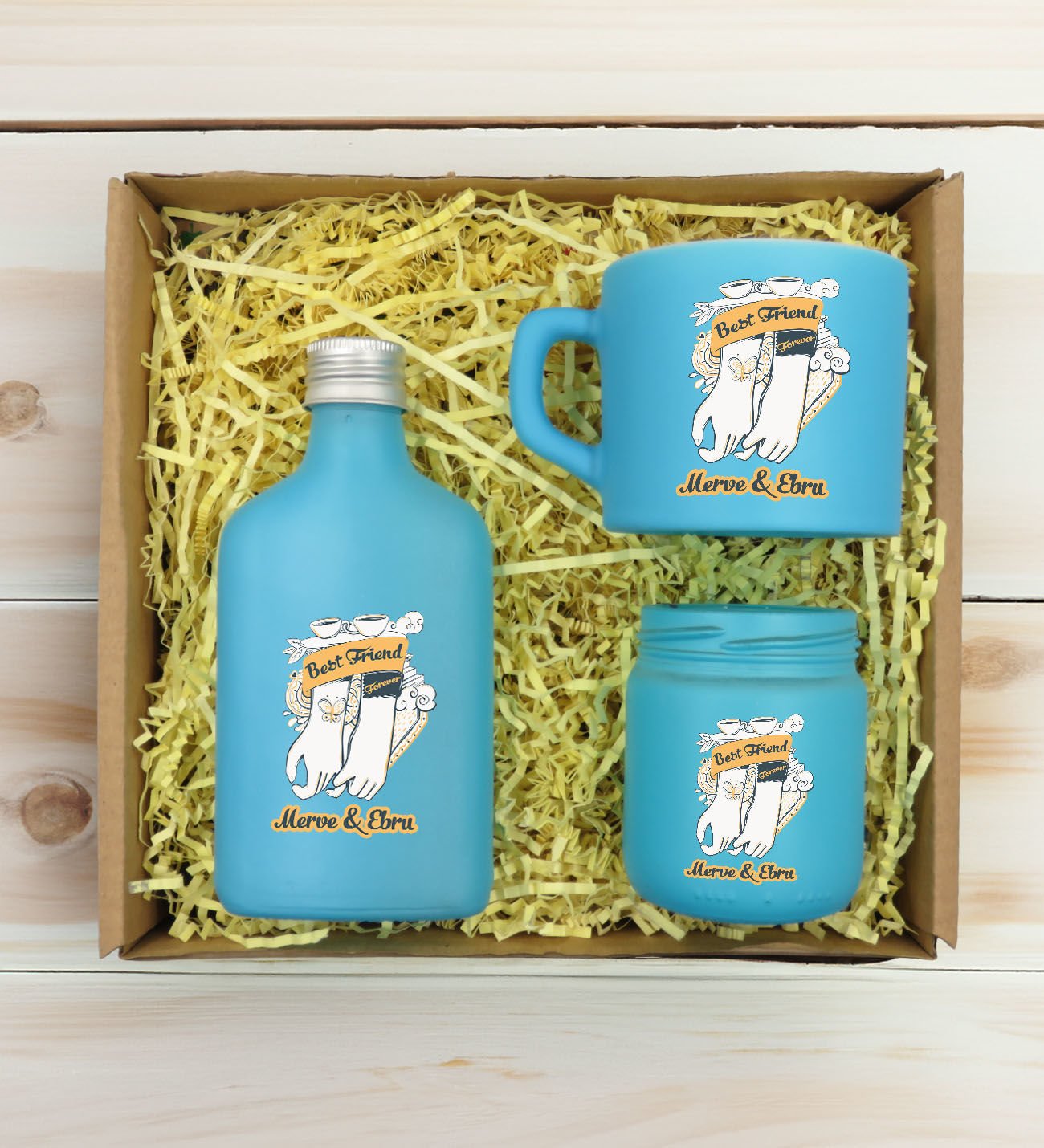 BK Gift Kişiye Özel İsimli DTF Best Friend Temalı Turkuaz Kahve Fincanı & Kolonya & Mum Hediye Seti-4, Arkadaşa Hediye, Doğum Günü Hediyesi