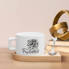 BK Gift Kişiye Özel İsimli Psikiyatrist Tasarımlı-2, Ahşap Altlıklı Seramik Fincan, Meslek Hediyesi, Yeni İş Hediyesi