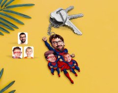 Kişiye Özel Süper Baba 2 Çocuk Karikatürlü Ahşap Anahtarlık-1