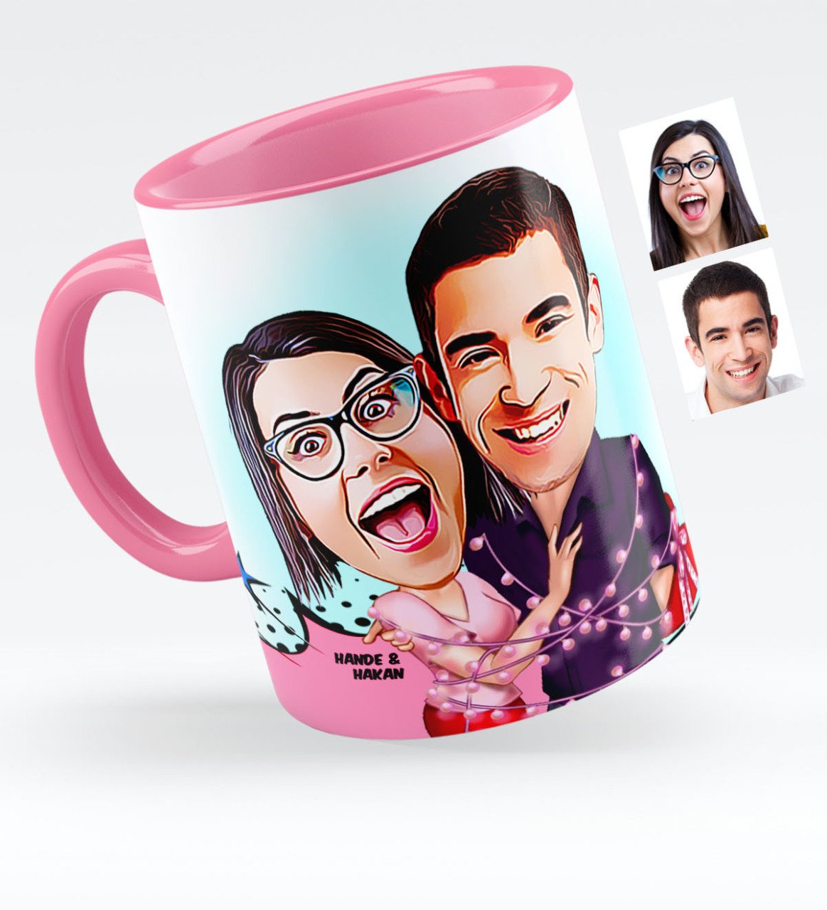 Kişiye Özel Sevgililer Karikatürlü Pembe Kupa Bardak - 2